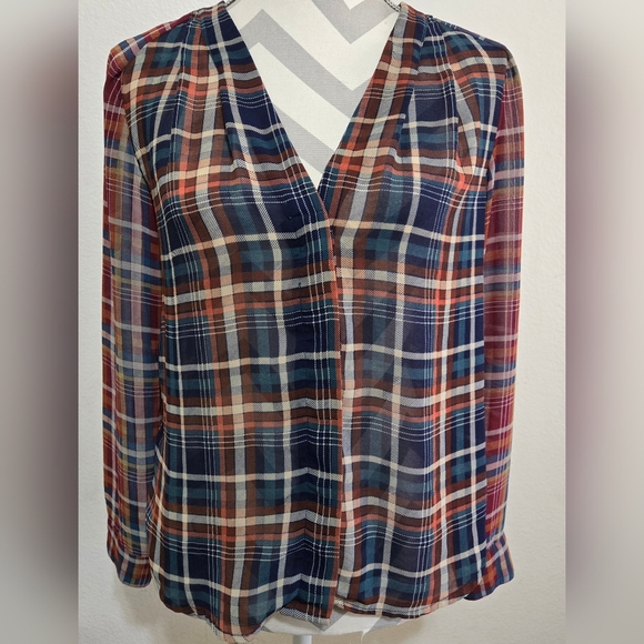Maeve Sheer Plaid Long Sleeve Button Up Blouse Blue Orange Cream Red Size XS - Picture 2 of 12